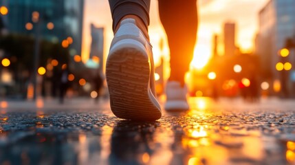 A person's feet in sneakers walking through a city with a glowing sunset backdrop. Generative AI