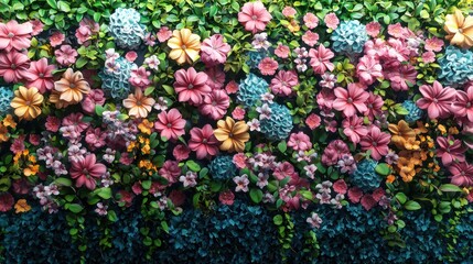 Decorative flower wall, vibrant floral display, garden design, backdrop