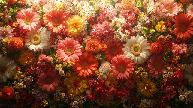 Colorful floral wall decor, vibrant flower display, background