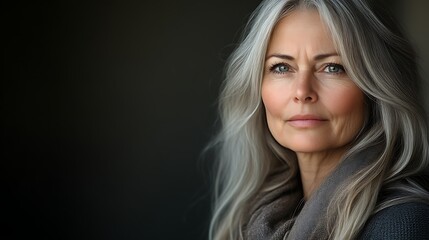 Fototapeta premium Gray haired woman portrait against dark background