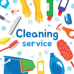 Cleaning Service Concept,Flat vector illustration of a cleaning service concept with various cleaning supplies, gloves, sponges, spray bottles, and brushes arranged around the text