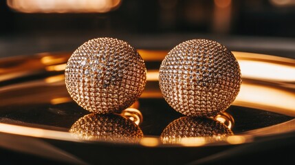 Obraz premium Close-up of a pair of gold round earrings with diamond detailing, arranged on a smooth reflective tray.