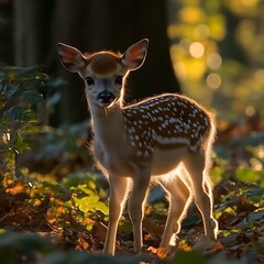 Sunlight fawn in forest floor, serene woodland scene.  Use  Nature, wildlife, animals © Duit