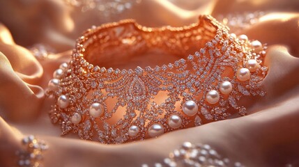 Close-up of intricate gold necklace with pearls and diamonds, placed on a soft silk cloth.