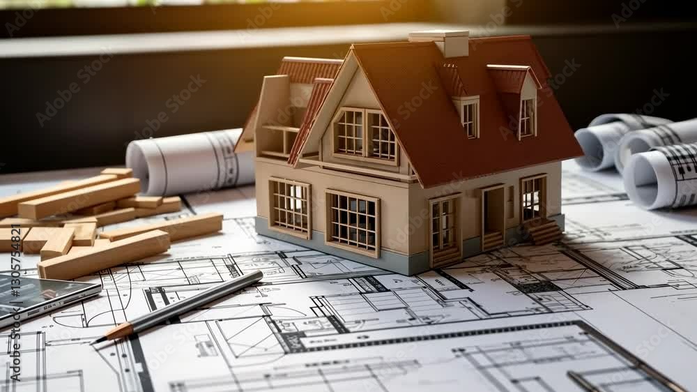 Poster aerial view of a house model on architectural blueprints, surrounded by tools and materials, creatin