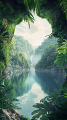 Misty jungle river winding between dense greenery, reflecting soft light and tranquil wilderness surroundings