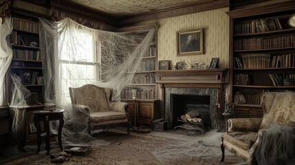 An eerie living room with antique furniture draped in cobwebs, a cold fireplace surrounded by dusty bookshelves, and faint shadows forming strange patterns