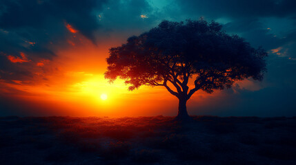 A lone tree silhouette stands against a vibrant sunset sky, surrounded by expansive fields, symbolizing solitude, resilience, and the beauty of nature's contrasts at dusk.

