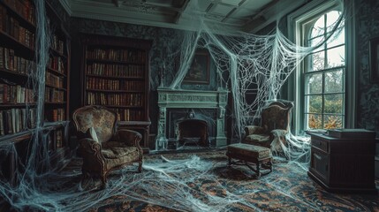 An eerie living room with antique furniture draped in cobwebs, a cold fireplace surrounded by dusty bookshelves, and faint shadows forming strange patterns