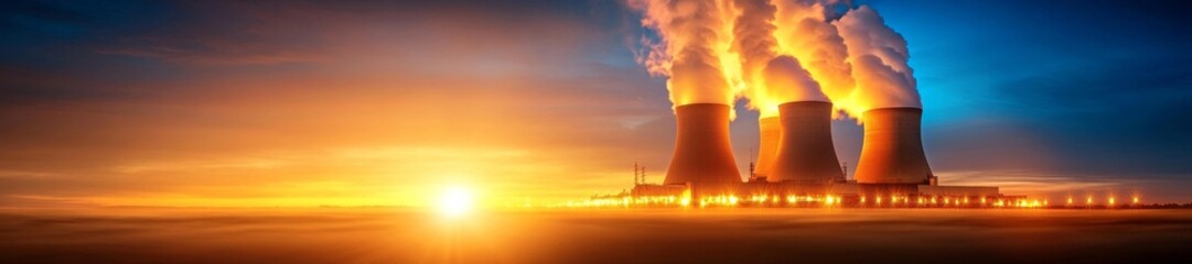 Industrial Nuclear Power Plant with Steaming Cooling Towers during Sunrise. Generative AI
