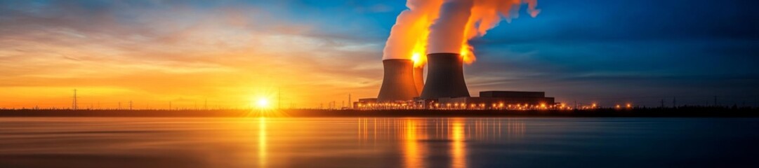 Nuclear Power Plant at Dusk with Emissions from Cooling Towers. Generative AI