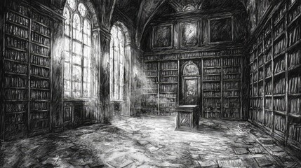 Ancient library room with cracked windows, shadows of bookshelves cast by dim candlelight, swirling dust in the air, dark academia, soft pencil sketch style