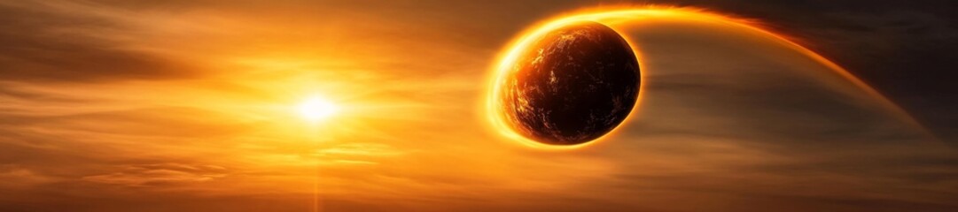 Obraz premium A Dramatic Image of a Planet Heading Towards the Sun at Sunset. Generative AI