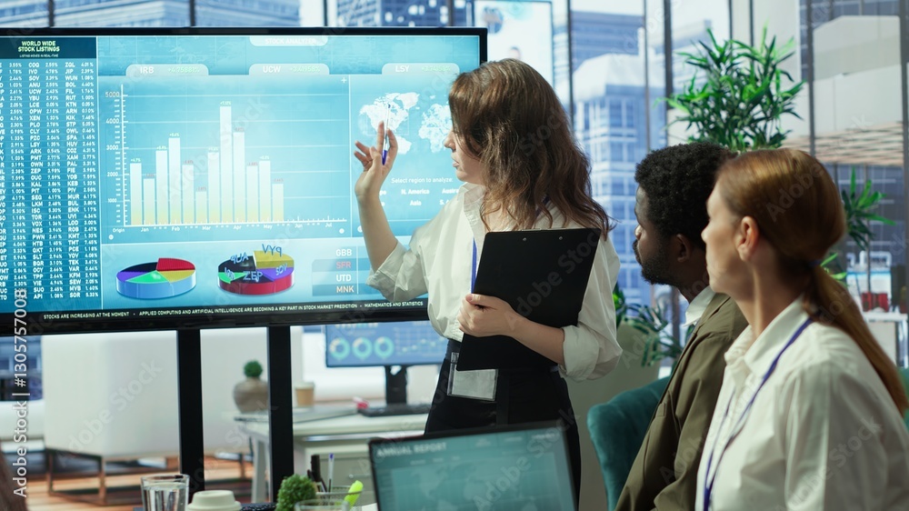 Poster team of company analysts reviews feedback on sales and orders to work on improvements, developing ma