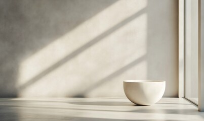 Sunlight casting shadows from window on empty bowl in minimalist room