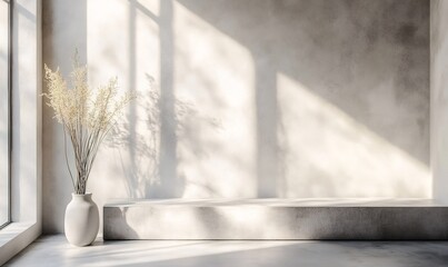 Modern minimalist room featuring a concrete platform, a vase with dried flowers, and sunlight casting shadows through a window