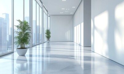 Fototapeta premium Sunlight illuminating spacious office corridor with potted plants and large windows offering panoramic city view