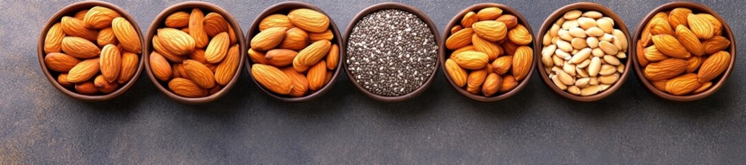 Fototapeta premium A collection of different nuts and seeds in small bowls arranged on a dark countertop. Generative AI