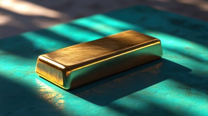Gold bar glowing under warm light, placed on a radiant emerald background.
