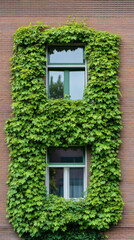 Verdant ivy sprawling across weathered brick exterior, enveloping window frames with lush greenery