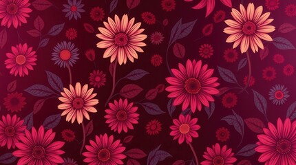 Seamless Floral Pattern with Vibrant Red and Pink Flowers on Dark Background