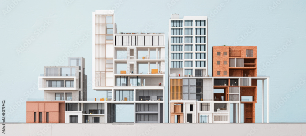 Poster modern architectural design showcasing various building styles and materials