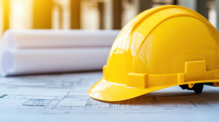 yellow hard hat rests on construction blueprints, symbolizing safety and planning in building projects