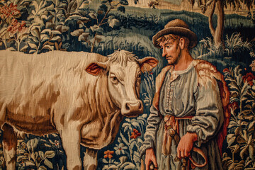 antique tapestry, executed in a classical style. It depicts a shepherd in peasant clothes with a rope belt and hat, holding a crook. 
