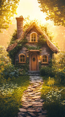 Fototapeta premium Stone path leading to idyllic fairytale cottage in a forest clearing during golden hour, creating a magical and inviting atmosphere