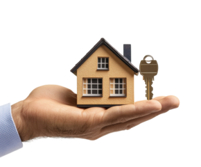 Hand holding a house key real estate concept environment viewpoint for property ownership isolated on transparent background