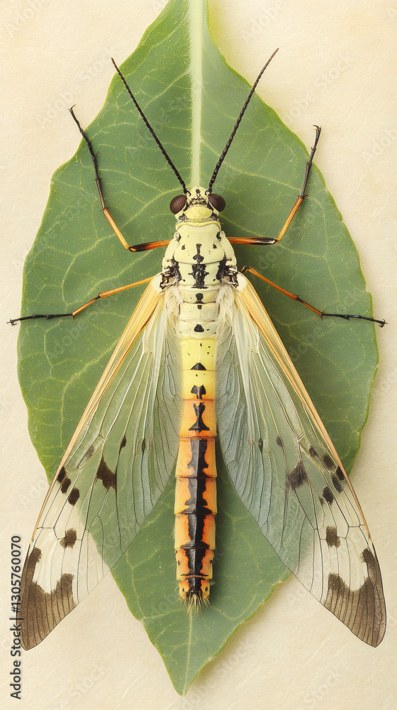 Poster Vibrant scorpionfly perching on verdant leaf, displaying intricate wing patterns and delicate structural details