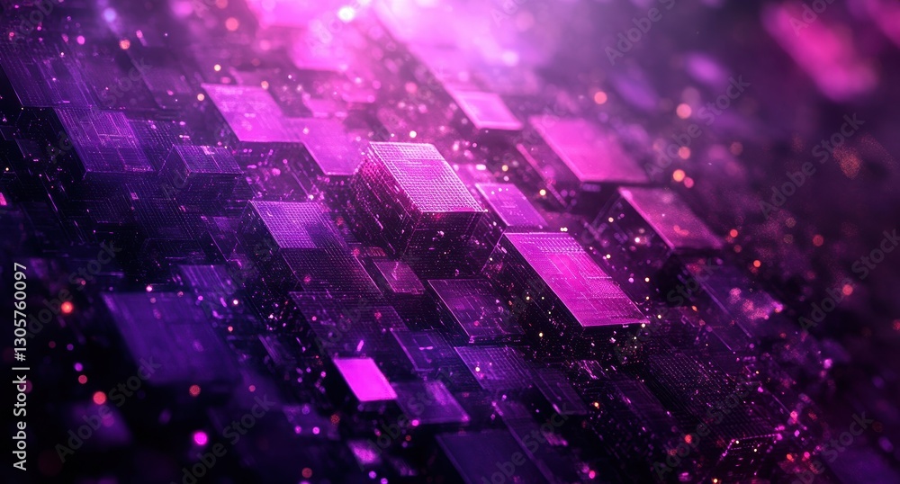 Poster abstract digital background with glowing purple squares and particles creating a futuristic technolo