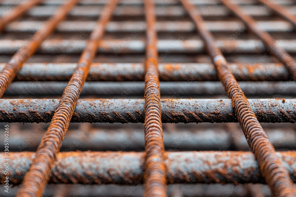Poster rusty steel reinforcement bars arranged in grid pattern, showcasing durability and strength in const