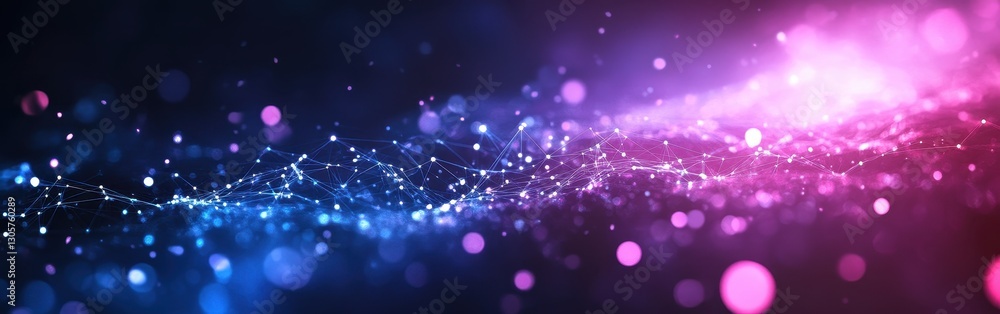 Poster abstract digital background with vibrant glowing particles and connecting lines in purple and blue t