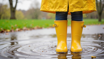Bright yellow raincoat and boots splashing in puddles on rainy day, joy