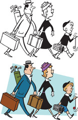A vintage retro cartoon of a family walking with their luggage on their way to their vacation. 