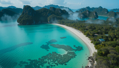 Breathtaking Drone Shot of Nui Beach. Stunning Turquoise Waters at Koh Phi Phi Don.