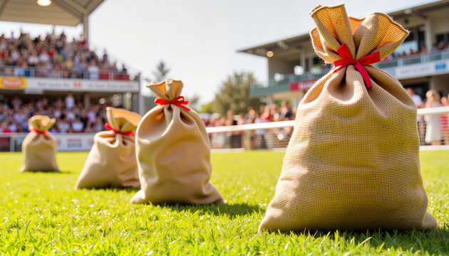 Exciting sack race preparation with burlap sacks on sunny field, competition