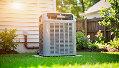 Efficient outdoor HVAC unit in summer backyard sunshine, home comfort