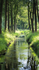 Obraz premium Serene river streaming through wooded landscape, reflecting verdant summer greenery