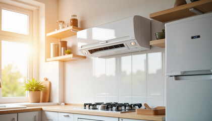 Fototapeta premium Modern air conditioning interface in bright kitchen, comfort technology