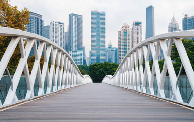 Obraz premium Modern bridge with city skyline in background, showcasing innovative architecture and urban design