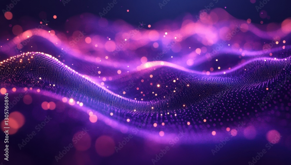 Poster abstract digital landscape featuring flowing waves of purple tones illuminated by glowing particles 
