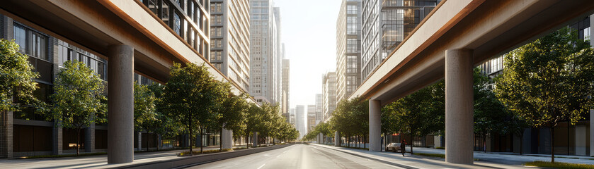 Innovative urban transportation infrastructure with modern buildings and greenery