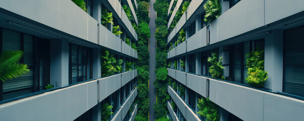 Modern architecture with greenery in urban setting, showcasing integrated city planning and sustainable design