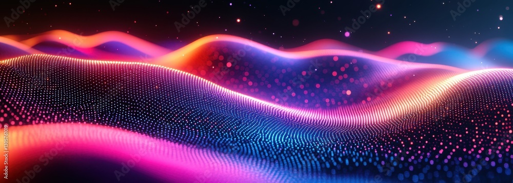 Poster abstract digital landscape with colorful waves and glowing particles creating a mesmerizing visual e