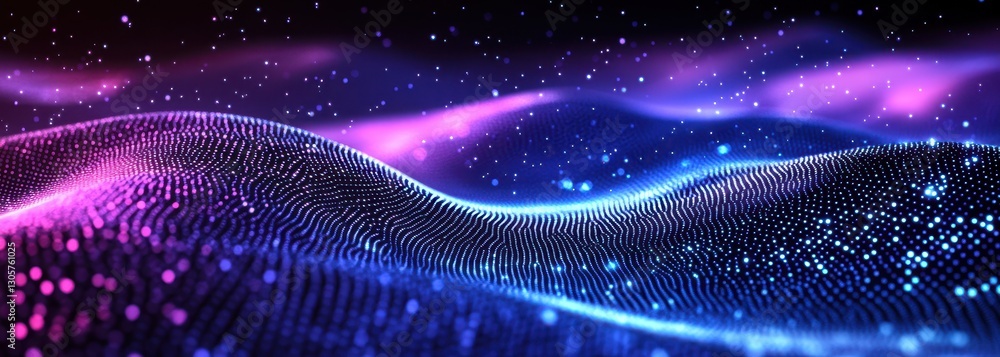 Poster abstract digital landscape of colorful glowing waves with sparkling particles creating a mesmerizing