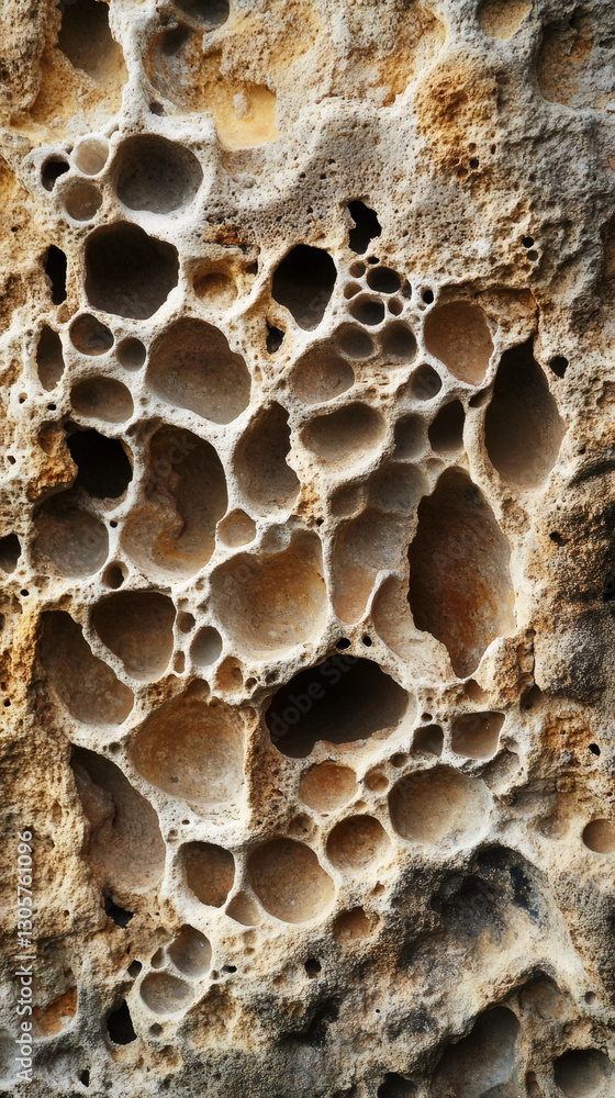 Poster tafoni weathering revealing intricate honeycomb-like cavities eroding across textured sandstone rock