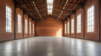 Spacious industrial interior with large windows and brick walls, perfect for events
