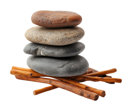 Balanced harmony of smooth stones and twigs nature scene still life composition calm environment top-down view isolated on transparent background